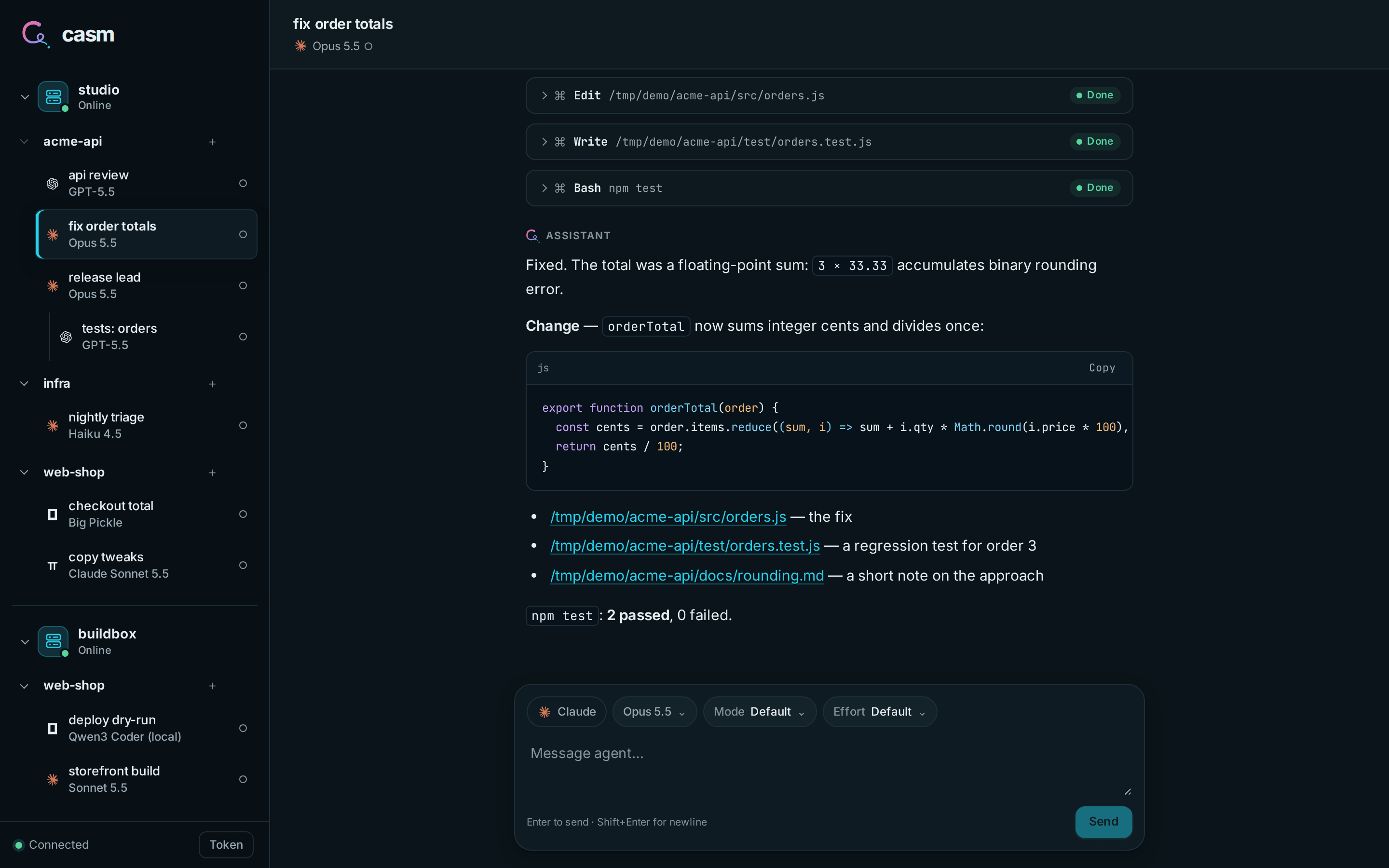 casm web app in dark mode showing agents grouped by host and project