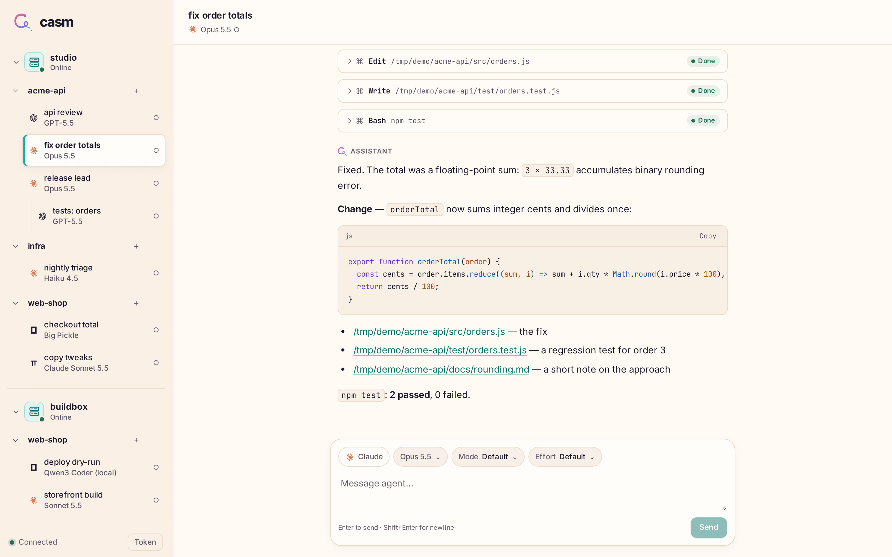 casm web app showing agents grouped by host and project, a code change, tool results, and a message composer