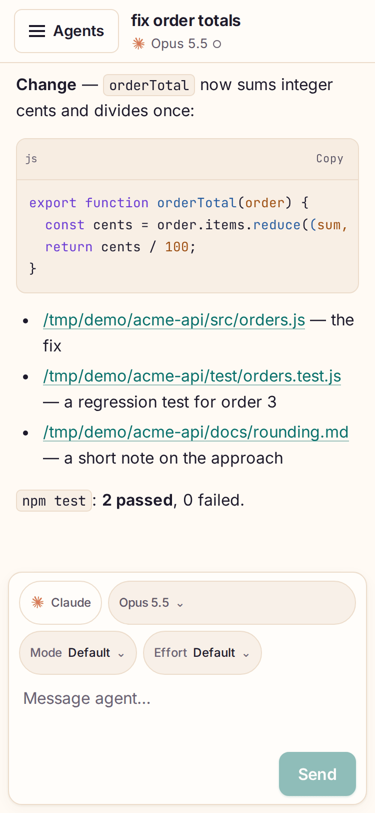 The same agent's transcript and composer on a phone